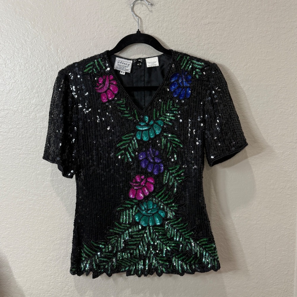 90's‎ Vintage Stenay Sequin Silk Floral Beaded Top Dark Romantic Art Deco PP (S)
